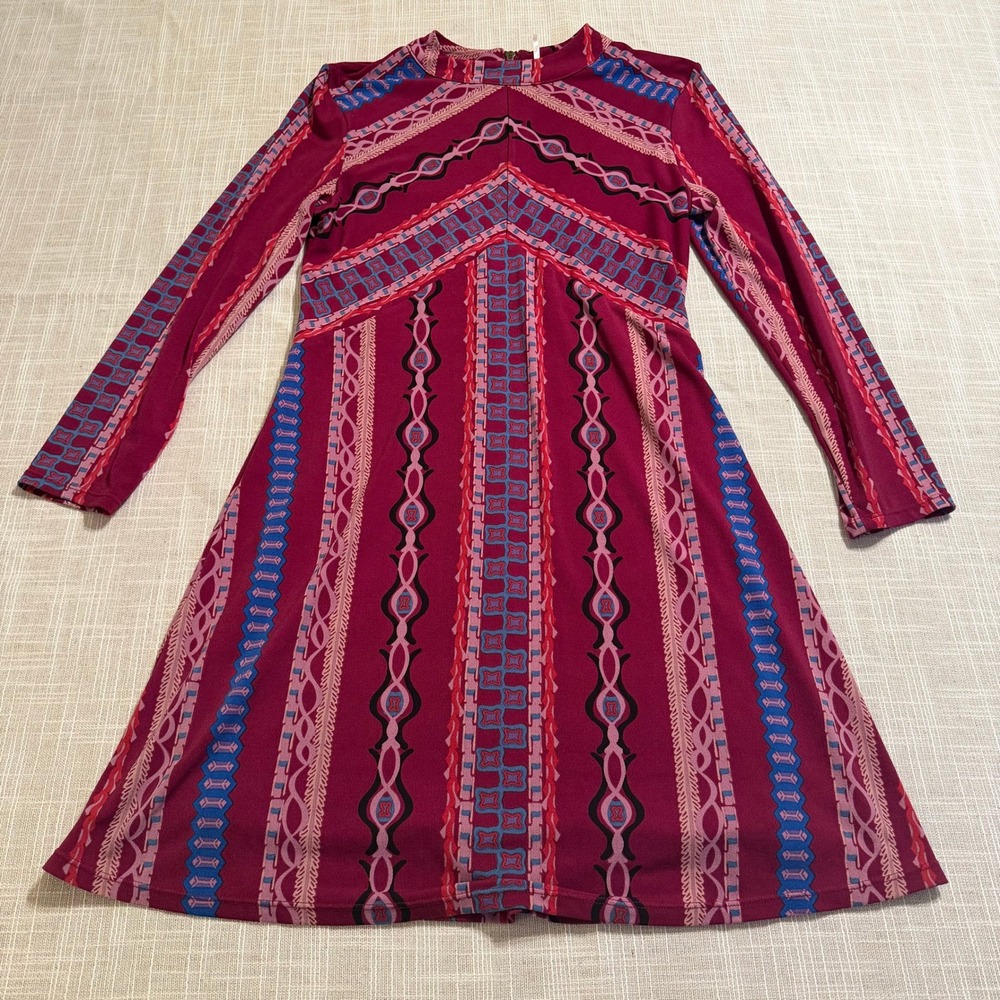 Free People Magenta Geometric Print Mock Neck‎ Mini Dress Long Sleeve Size M